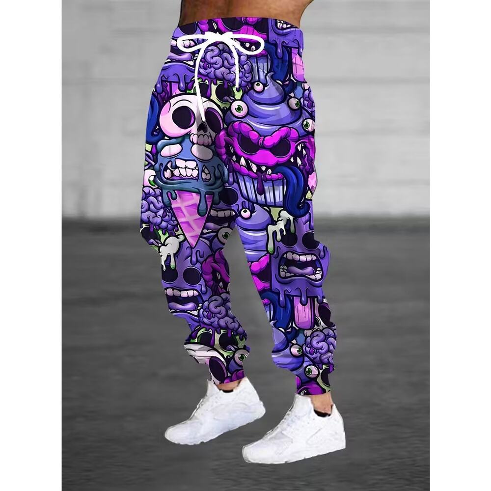 Men's Graffiti Purple Skull Ice Cream Monster Streetwear Joggers Pants XXL